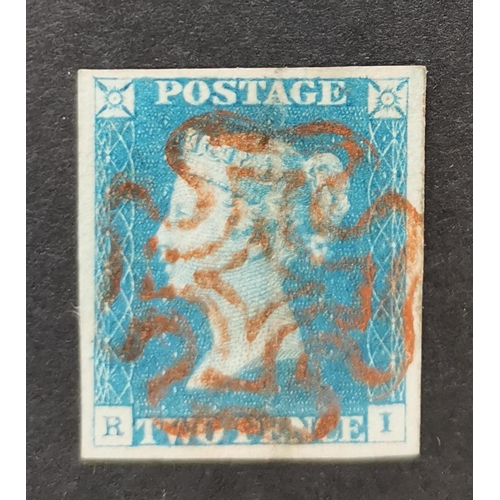 573 - QV.  1840 2d pale blue  Pl.1 with red MC and good margins. (1)