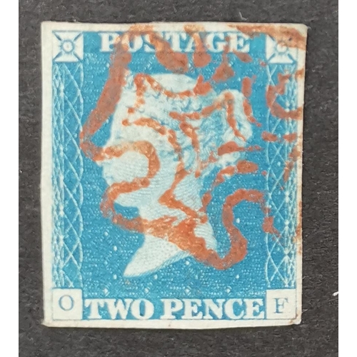 576 - QV.  1840 2d blue  Pl.1  OF  fine used with bright red MC. (1)