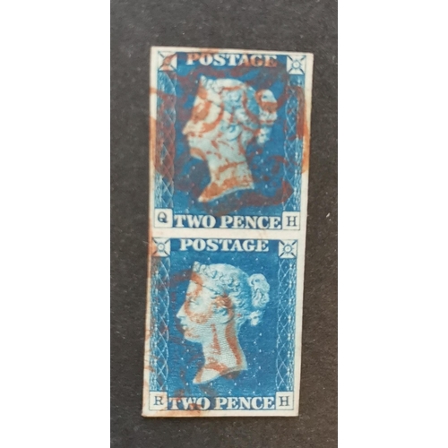 578 - QV.  1840 2d blue  nice bright shade  Pl. 1  QH-RH  a fine used vertical pair with red MC's with cle... 