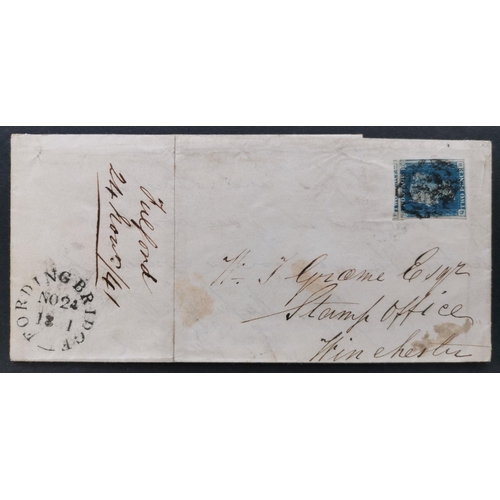 580 - QV.  1840 2d blue Pl.2  QB  good to huge margins  showing portions of 2 adjoining stamps  cancelled ... 