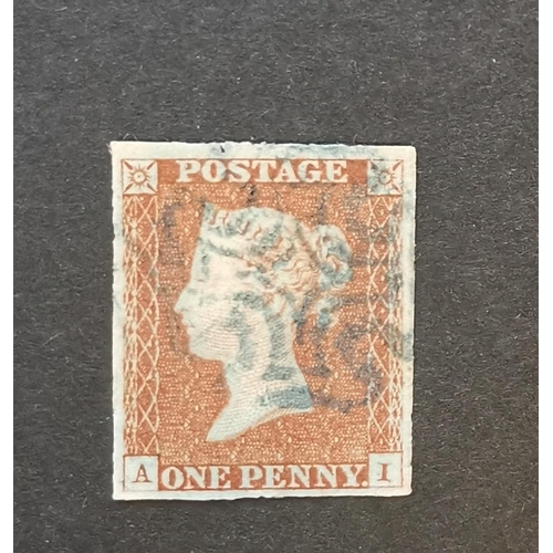 586 - QV.  1841 1d red  stated to be from Pl.22  AI  FU with blue MC. Cat. £650. (1)