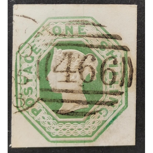 598 - QV.  1847 Embossed 1/- green superb used with good to very large margins. (1)