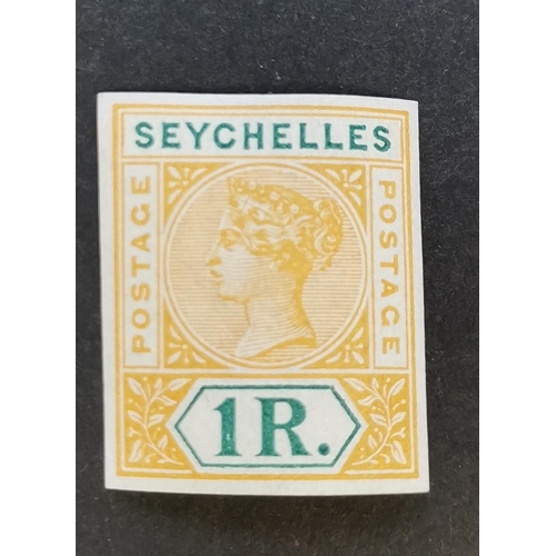 472 - SEYCHELLES.  QV 1r. colour trial in yellow and green. (1)