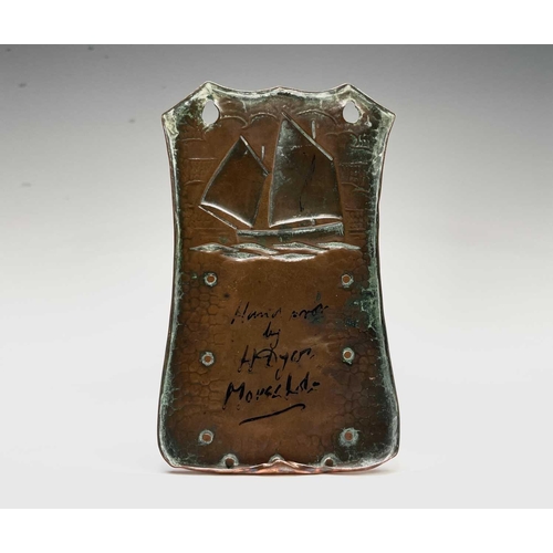 10 - A Herbert Dyer (1898-1974) copper wall mounted matchbox holder, the plaque repousse decorated with a... 