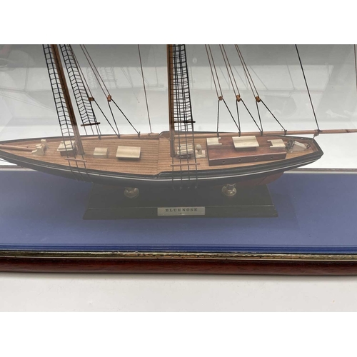 100 - A painted and wood model of the Canadian racing schooner Blue Nose, on a titled stand and contained ... 