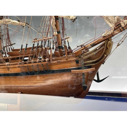 101 - A wooden model of HMS Bounty, with deck fittings, on a stand, in a perspex display case, overall dim... 