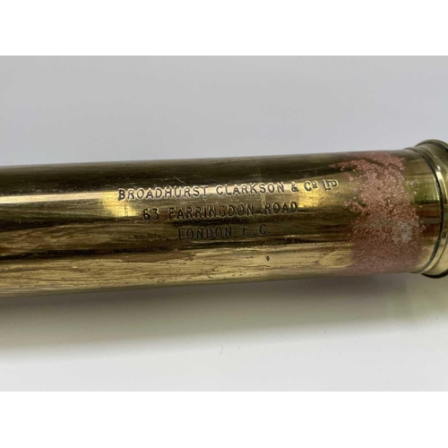 110 - A Naval brass three draw telescope, by Broadhurst, Clarkson & Co Ltd, 63 Farringdon Road London EC, ... 