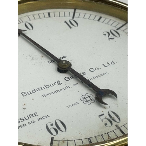 111 - Six assorted maritime brass pressure gauges, including examples by Budenberg, with brass grille and ... 