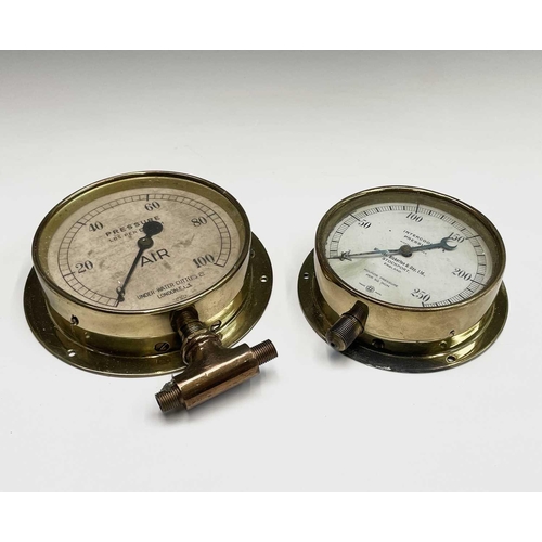 111 - Six assorted maritime brass pressure gauges, including examples by Budenberg, with brass grille and ... 