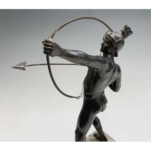 121 - A cast metal figure of a Greek archer, mid 20th century, with a bronzed finish and raised on a marbl... 