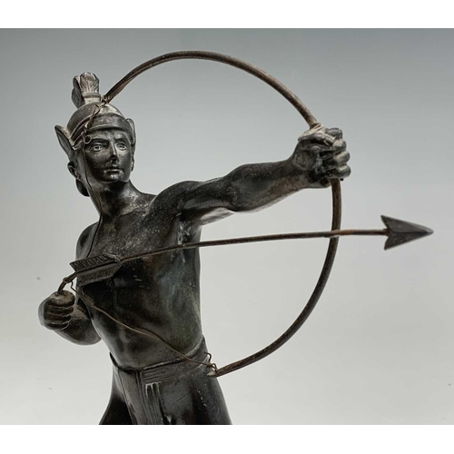 121 - A cast metal figure of a Greek archer, mid 20th century, with a bronzed finish and raised on a marbl... 