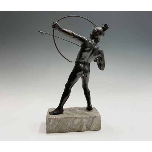 121 - A cast metal figure of a Greek archer, mid 20th century, with a bronzed finish and raised on a marbl... 