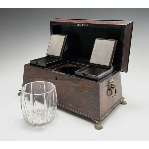 13 - A Regency rosewood tea caddy, of sarcophagus shape, with a glass mixing bowl and two lidded containe... 