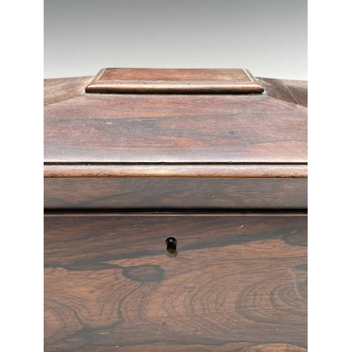 13 - A Regency rosewood tea caddy, of sarcophagus shape, with a glass mixing bowl and two lidded containe... 