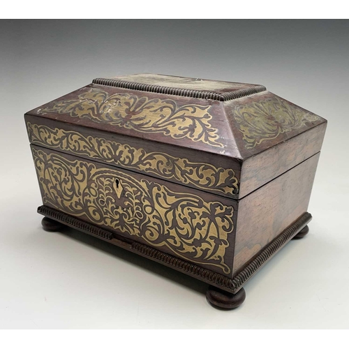 14 - A Regency rosewood and cut brass inlaid box or casket, raised on bun feet, width 30cm. Provenance: M... 