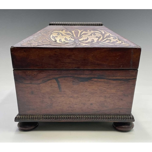 14 - A Regency rosewood and cut brass inlaid box or casket, raised on bun feet, width 30cm. Provenance: M... 