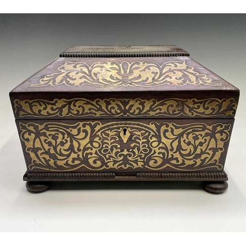 14 - A Regency rosewood and cut brass inlaid box or casket, raised on bun feet, width 30cm. Provenance: M... 