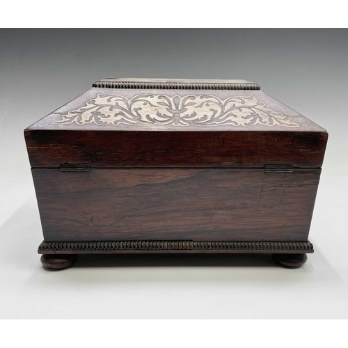 14 - A Regency rosewood and cut brass inlaid box or casket, raised on bun feet, width 30cm. Provenance: M... 