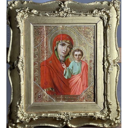 1401 - The Virgin Mary holding Baby Jesus 19th century Greek icon with gold leaf 24 x 19cm