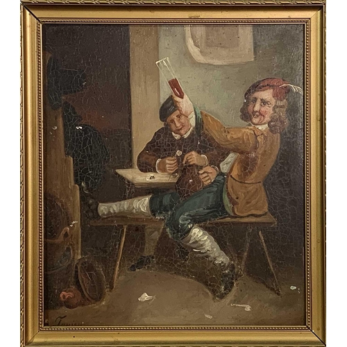 1405 - Tenniers Tavern Scenes A pair of oils on board 20 x 17cm Together with a third continental school oi... 