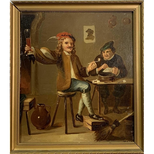 1405 - Tenniers Tavern Scenes A pair of oils on board 20 x 17cm Together with a third continental school oi... 