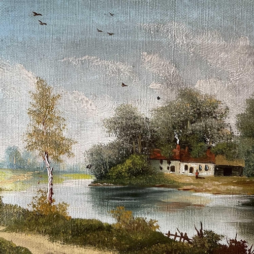 1417 - 20th Century School Riverside Cottages Oil on canvas Indistinctly signed 18.5 x 23.5cm