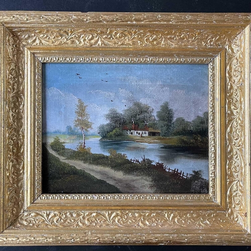 1417 - 20th Century School Riverside Cottages Oil on canvas Indistinctly signed 18.5 x 23.5cm