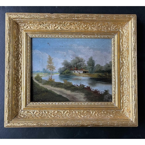 1417 - 20th Century School Riverside Cottages Oil on canvas Indistinctly signed 18.5 x 23.5cm