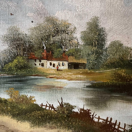 1417 - 20th Century School Riverside Cottages Oil on canvas Indistinctly signed 18.5 x 23.5cm