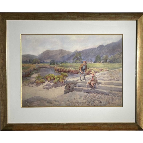 1456 - Florence M GILL (Exh. 1894-1926) Young Anglers Watercolour Signed 33.5 x 47cm