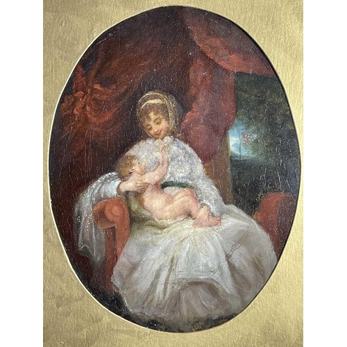 1459 - Late 18th/Early 19th Century British School Mother's Tender Love Oil on canvas 39 x 30cm (oval)