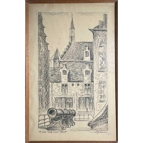 1466 - 20th century Belgian (?) School 'The Gun 'Dulle Griet', Ghent' Charcoal drawing Indistinctly signed ... 