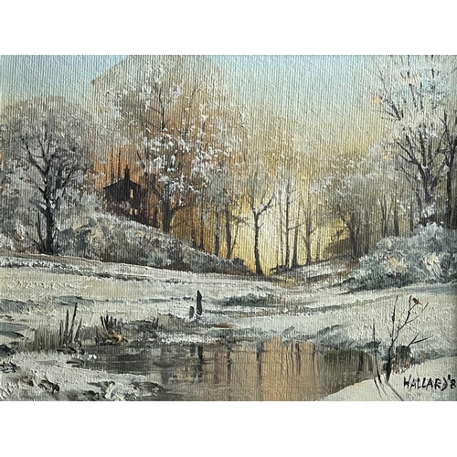 1475 - Nigel HALLARD (1936-2020) A snow-covered landscape, oil on board, signed, framed, image size 15.5cm ... 