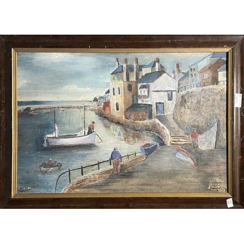 1486 - Two naive Cornish scenes, one on board and indistinctly signed, another on canvas depicting harbour ... 