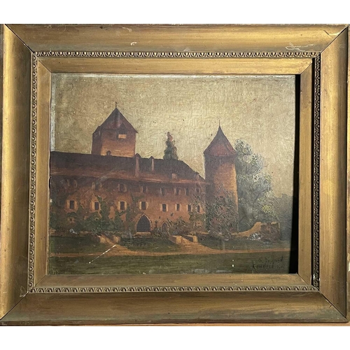 1491 - Two early 20th century framed oils on board, one of a French châteaux signed S. Dugand Caudree, 1919... 