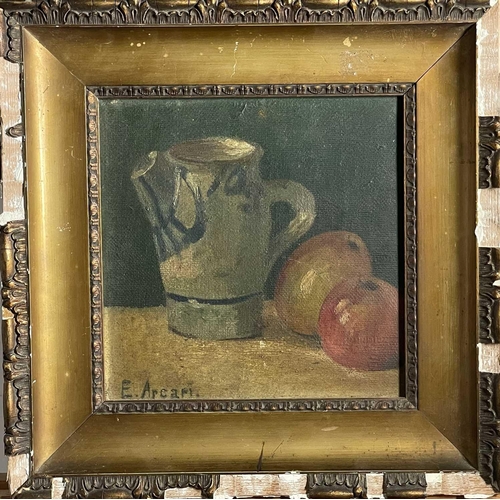 1510 - E. ARCARI (XX) still life of a jug, an orange and an apple, framed, signed, image size 20cm x 20cm a... 