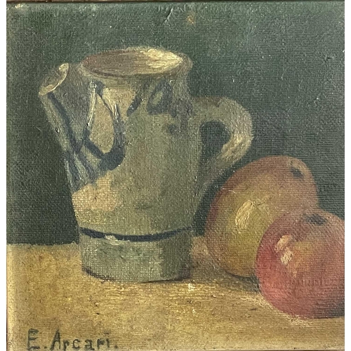 1510 - E. ARCARI (XX) still life of a jug, an orange and an apple, framed, signed, image size 20cm x 20cm a... 