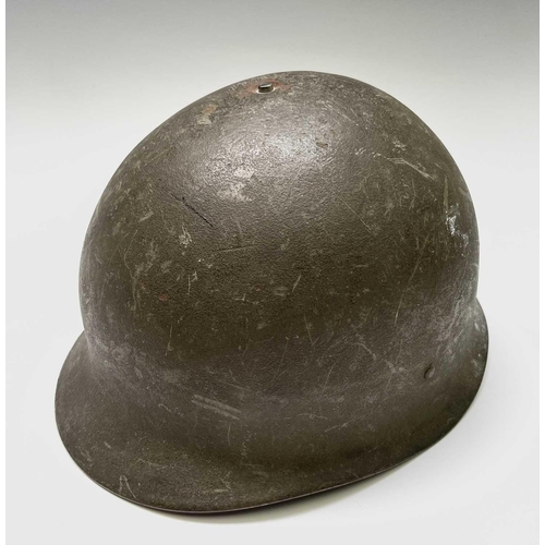 156 - A Belgian paratrooper helmet, the liner stamped ABL and dated 1952 and a US khaki side hat, dated 19... 