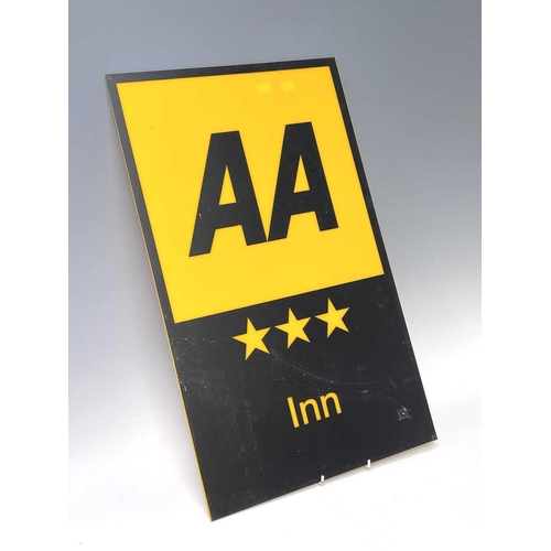 157 - A chrome plated AA badge, numbered 545736, height 12.5cm, a similar RAC badge, and an AA 'Inn' sign,... 