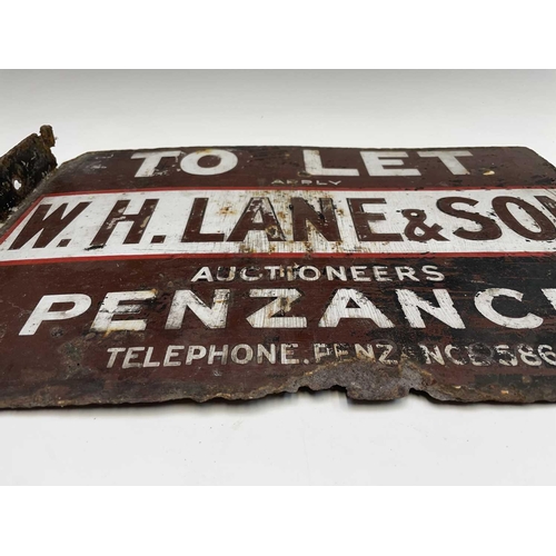 159 - South West Interest/Advertising - A 'W.H. Lane & Son Auctioneers Penzance' double sided 'To Let' sig... 