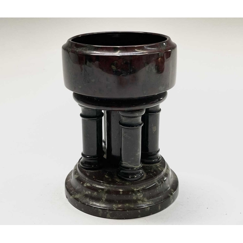 171 - A Cornish serpentine miniature font, on turned column supports, height 11.5cm, together with a plani... 