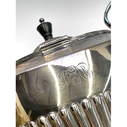 174 - A Victorian silver plated spirit kettle on stand, height 34cm, together with another kettle, a moder... 