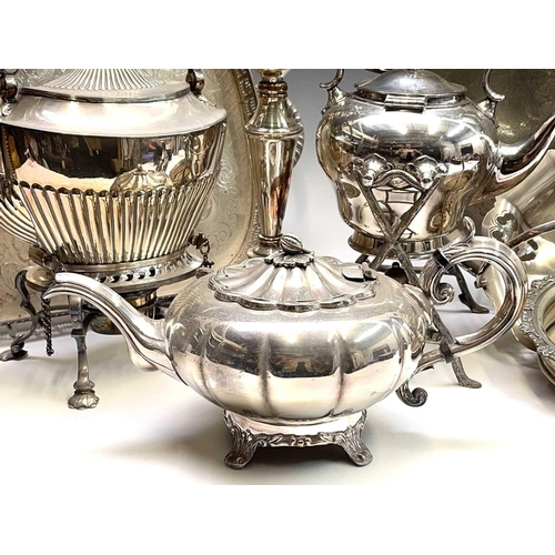 174 - A Victorian silver plated spirit kettle on stand, height 34cm, together with another kettle, a moder... 