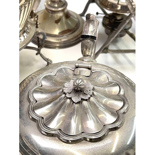 174 - A Victorian silver plated spirit kettle on stand, height 34cm, together with another kettle, a moder... 