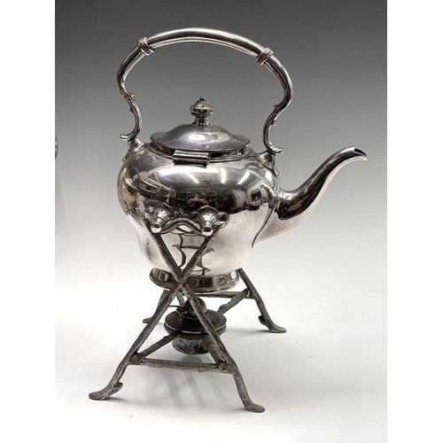 174 - A Victorian silver plated spirit kettle on stand, height 34cm, together with another kettle, a moder... 