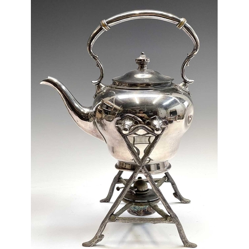 174 - A Victorian silver plated spirit kettle on stand, height 34cm, together with another kettle, a moder... 