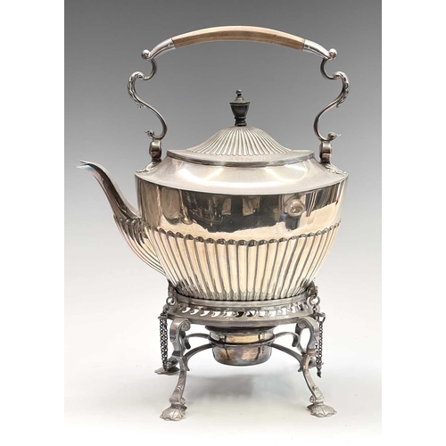 174 - A Victorian silver plated spirit kettle on stand, height 34cm, together with another kettle, a moder... 