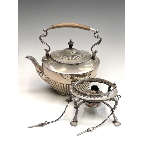 174 - A Victorian silver plated spirit kettle on stand, height 34cm, together with another kettle, a moder... 