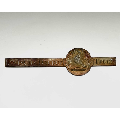 18 - A tin strap ingot reproduced from an old mould, bearing inscription 'Lewis Chas. Daubuz Truro' and a... 