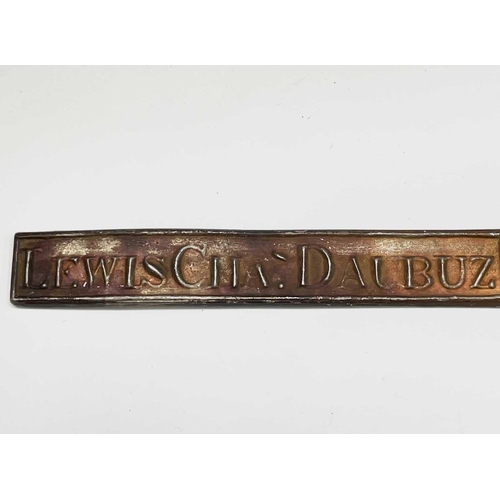 18 - A tin strap ingot reproduced from an old mould, bearing inscription 'Lewis Chas. Daubuz Truro' and a... 